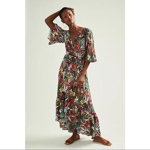 NEW Farm Rio Anthropologie Fiesta Floral Botanical Wrapped Maxi Dress X-Small - Picture 1 of 7